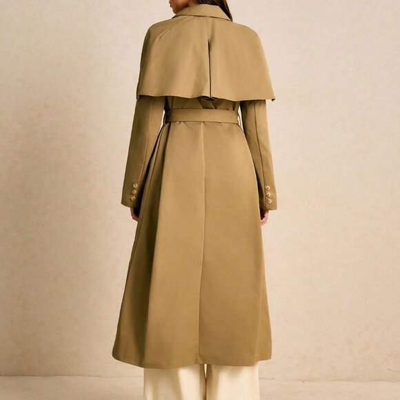 Khaki Women's Casual Longline Cape-Shoulder Storm Flap Overcoat - Picture 2 of 8